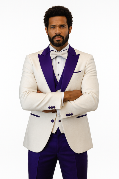 Hilton White and Purple Paisley Peak Lapel Tuxedo Jacket with Matching Shawl Vest and Wool Pants – Includes Bow Tie 4   - from alligatorwarehouse.com