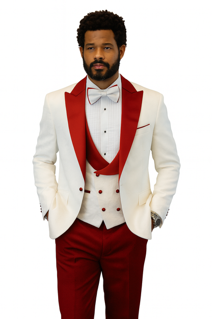 Hilton White and Red Paisley Peak Lapel Tuxedo Jacket with Matching Shawl Vest and Wool Pants – Includes Bow Tie