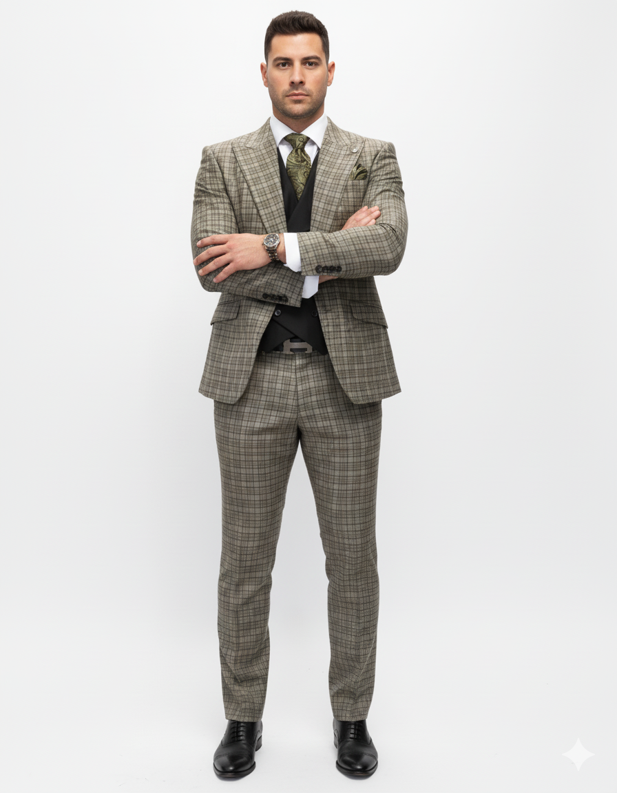 Statement Suits - Wool Suits - Peak Lapel Suits - Ticket Pocket - Modern Fit - Olive Suit