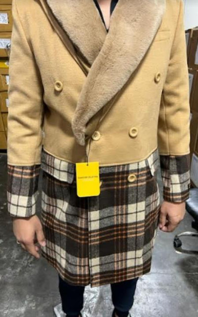 Mens Plaid Peacoat - Plaid Pattern Tan Coat 1   - from alligatorwarehouse.com