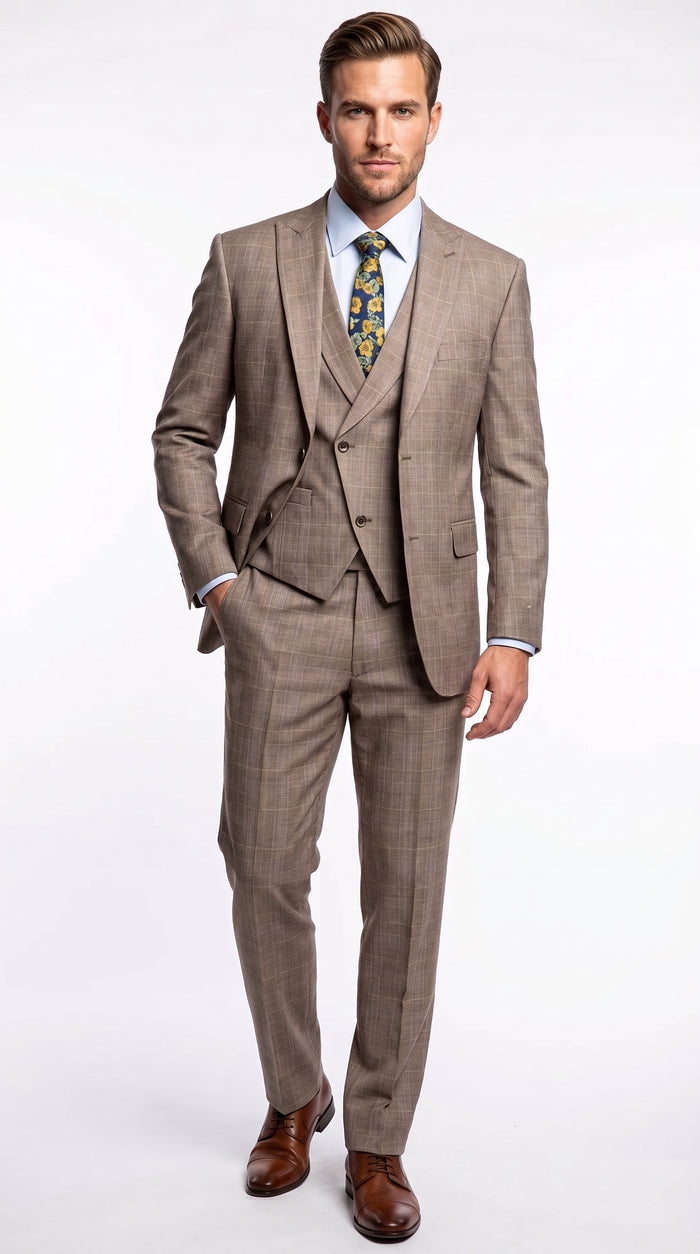 Men’s Tan Plaid 3 Piece Suit, 2 Button Vested Peak Lapel Formal Wedding Business Suit