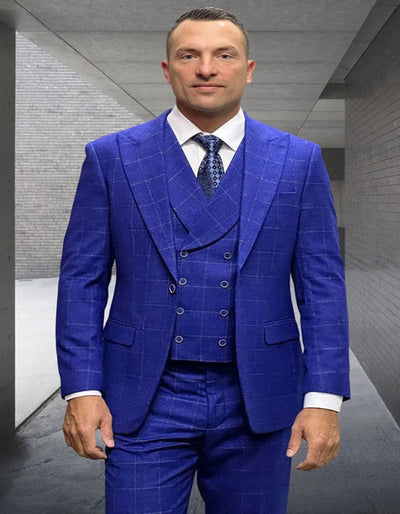 Men's Designer Wool Double Breasted Cobalt Blue Windowpane Plaid Suit 1   - from alligatorwarehouse.com