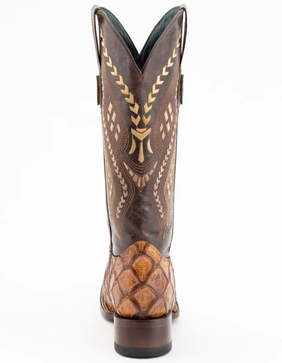 Ferrini Bronco Men's Print Pirarucu Fish Boots Handcrafted Cognac 4 43393-02-080-D  - from alligatorwarehouse.com