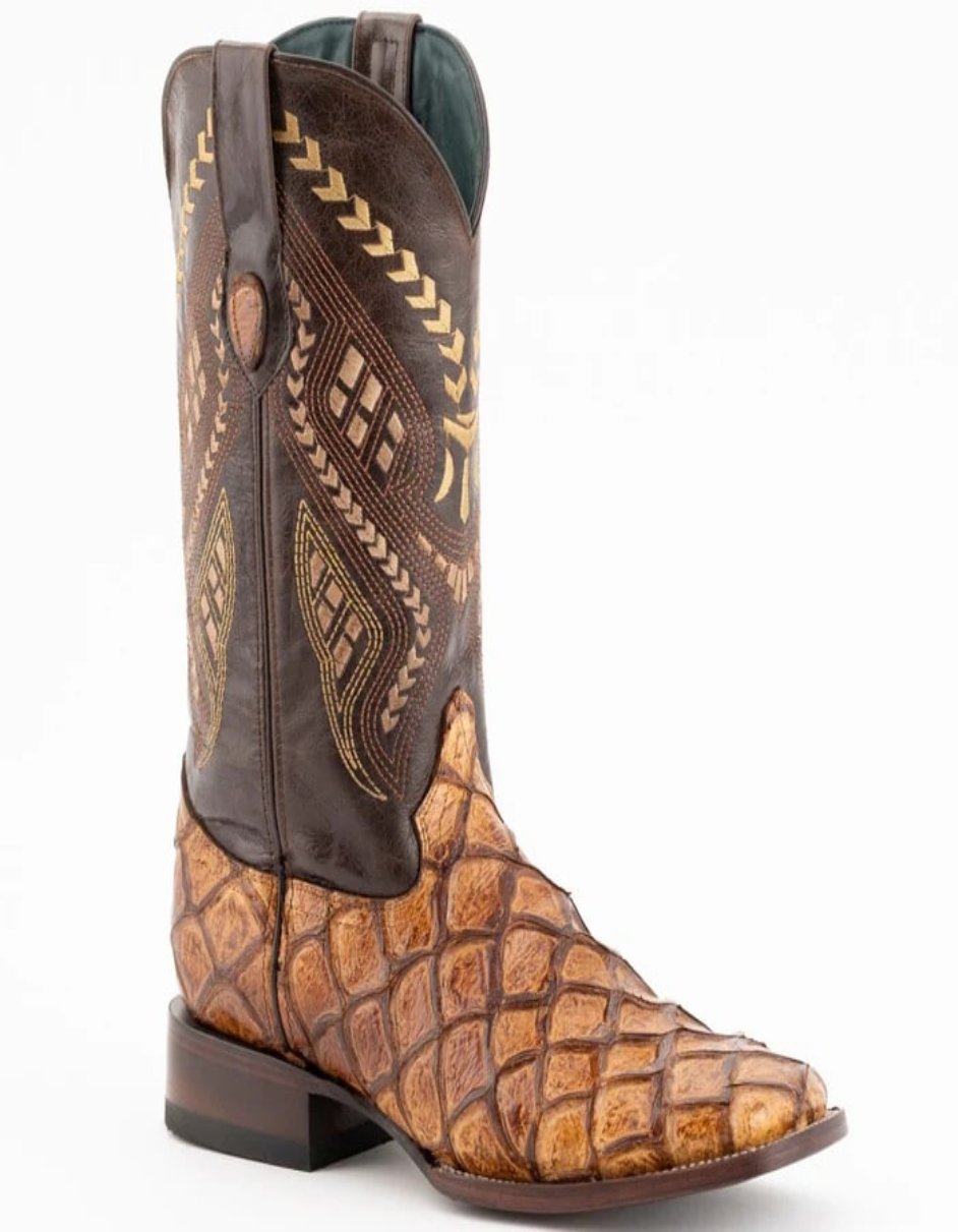 Ferrini Bronco Men's Print Pirarucu Fish Boots Handcrafted Cognac