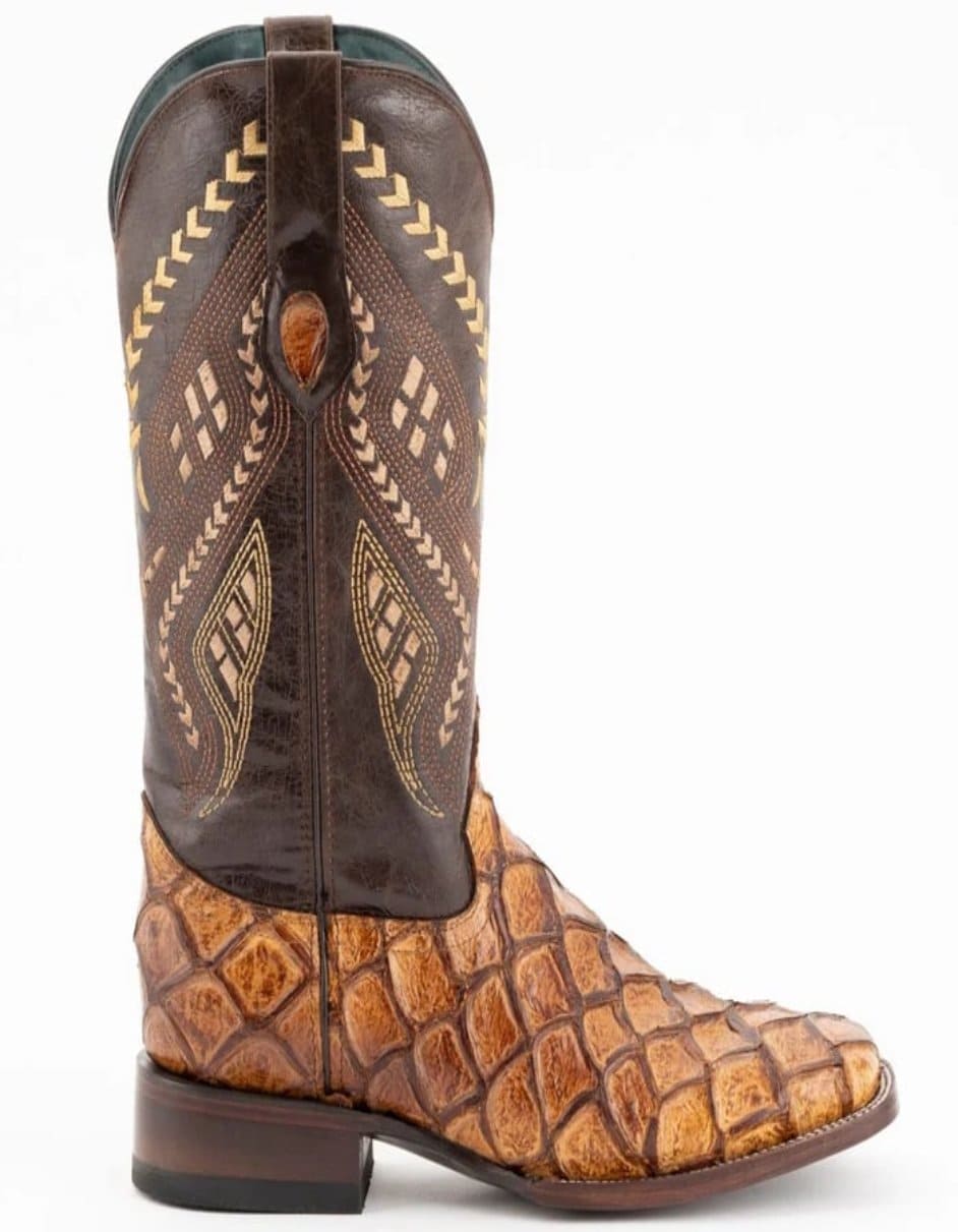 Ferrini Bronco Men's Print Pirarucu Fish Boots Handcrafted Cognac 3 43393-02-080-D  - from alligatorwarehouse.com