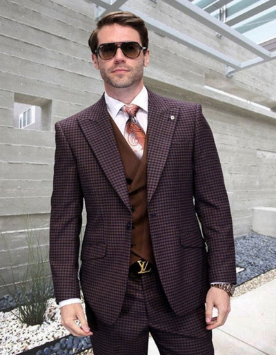 Brown Plaid Suit - Copper - Orange - Rust Color Double Breasted Vest Windowpane Pattern Suit - Wool Suit - Peak Lapel Side Vented Modern Fit 1   - from alligatorwarehouse.com