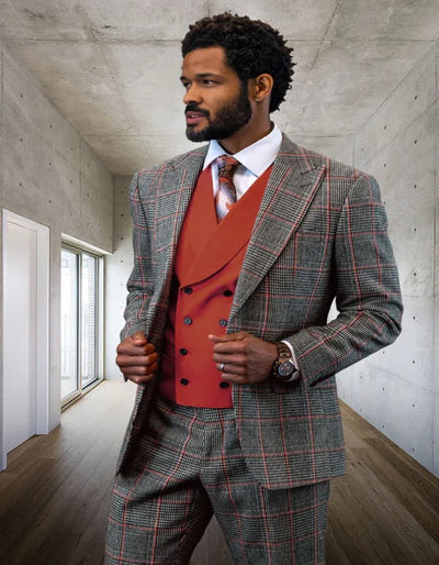 Men's Designer Vested Wool Professors Grey and Copper Windowpane Plaid Suit 1   - from alligatorwarehouse.com