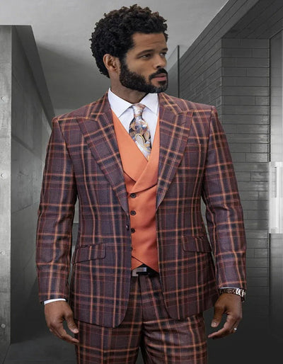 Men's Designer Wool Vested Peak Lapel Copper Cognac Windowpane Plaid Suit 1   - from alligatorwarehouse.com