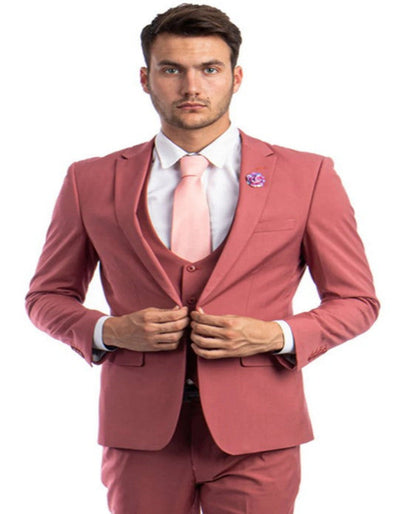 Men's One Button Peak Lapel Solid Vest in Coral Pink Slim Fit Suit 1   - from alligatorwarehouse.com