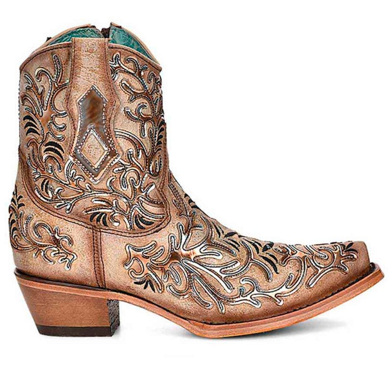 Corral Tan Ankle Booties with Dark Embroidery and Mirrored Overlay and Toe Design