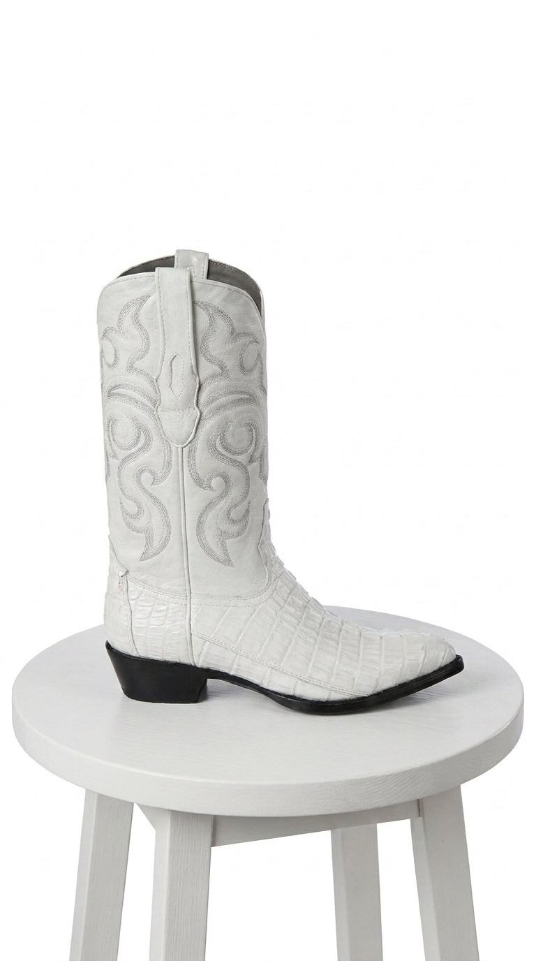 Men’s White Caiman Tail Crocodile Boots, Pointed Toe Exotic Western Cowboy Dress Boots