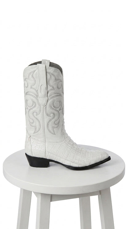 Men’s White Caiman Tail Crocodile Boots, Pointed Toe Exotic Western Cowboy Dress Boots