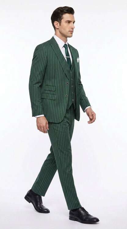 Men’s Hunter Green Great Gatsby Pinstripe Suit, 1920s Gangster 3 Piece Formal Outfit