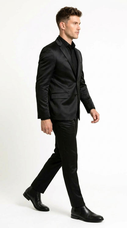 Men’s Black Satin Flex 2 Piece Suit, Slim Fit Sport Coat and Matching Pants Formal Dress Suit
