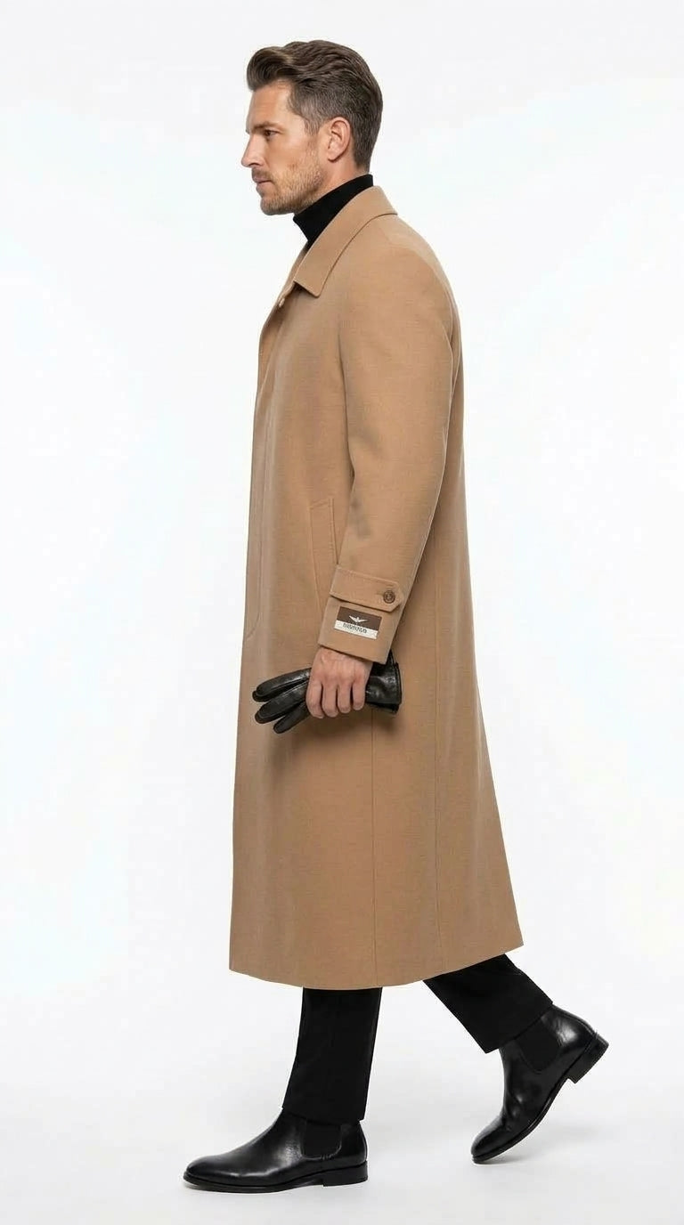Men’s Camel Full Length All Weather Coat, 4 Button Duster Maxi Dress Coat