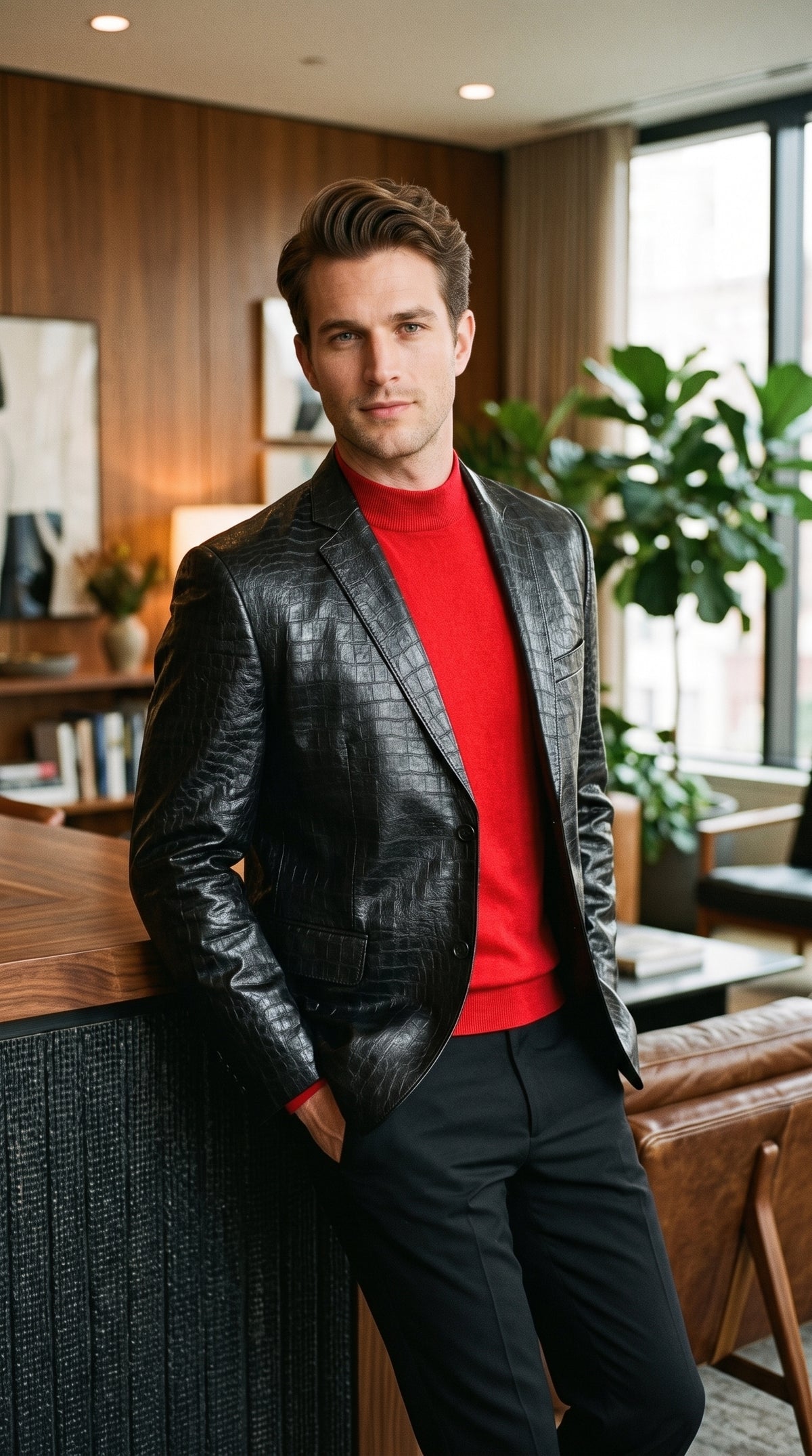 Zacchi Men’s Black Alligator Leatherette Jacket, Mickey Crocodile Print 2 Button Blazer