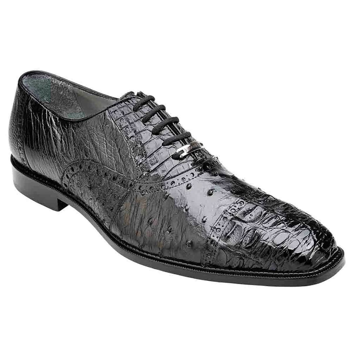 Belvedere Onesto  Men's Black Genuine Ostrich And Crocodile Oxfords