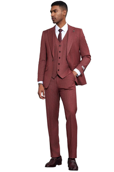 Men's Stacy Adams One Button Peak Lapel Vested Suit in Burgundy Pinstripe 3 SM176H1-01-38R  - from alligatorwarehouse.com