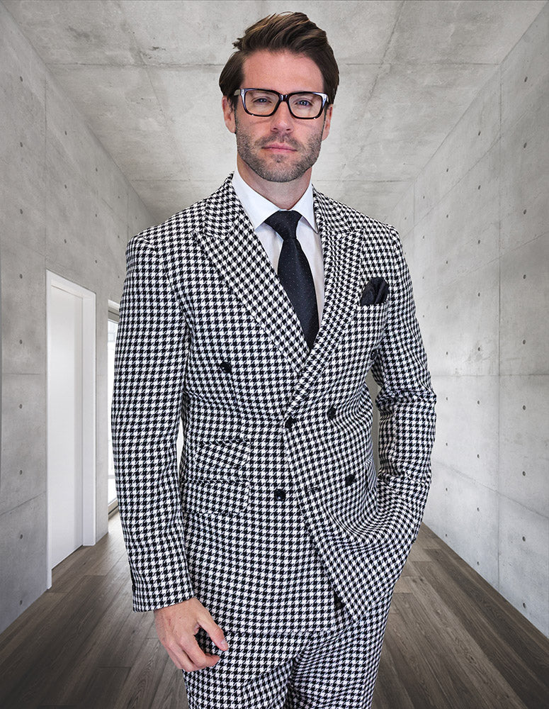 Double Breasted Suits - Vested Suits Wool Fabric - Apolo King Brand - Black Houndstooth Suit