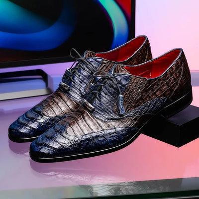 Marco Di Milano Luciano Men's Shoes Exotic Crocodile Classic Wingtip Dress Derby Oxfords 8 LUCIANO_CAIMAN FUSCUS_NAVY-BROWN_8  - from alligatorwarehouse.com
