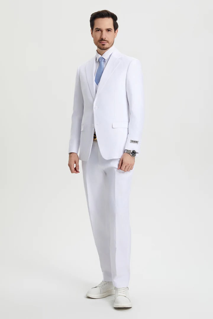 White Wedding Suit For Men - Perfect For Groom - Men's Two Button Vested Stacy Adams Basic Designer Suit In White