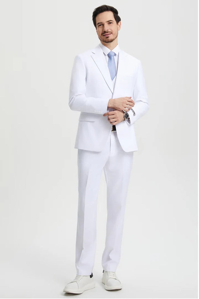 White Wedding Suit For Men - Perfect For Groom - Men's Two Button Vested Stacy Adams Basic Designer Suit In White