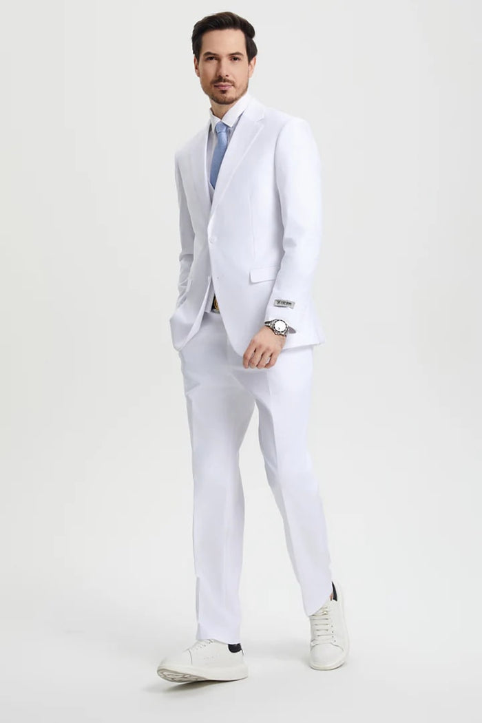 White Wedding Suit For Men - Perfect For Groom - Men's Two Button Vested Stacy Adams Basic Designer Suit In White