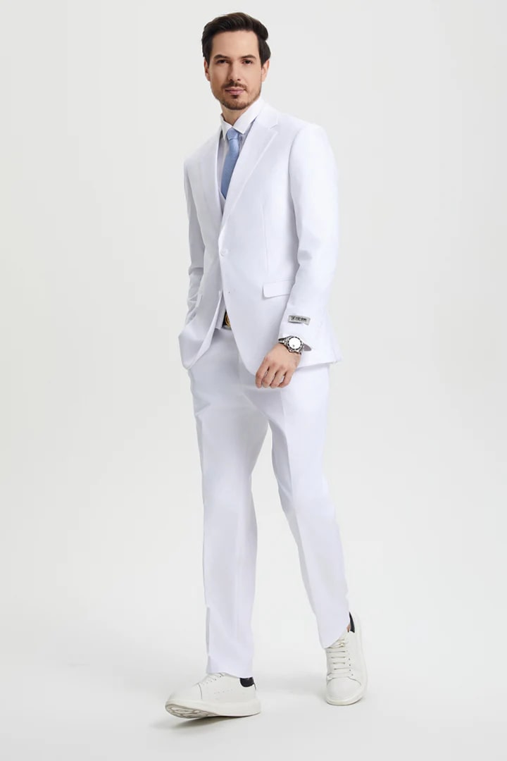 White Wedding Suit For Men - Perfect For Groom - Men's Two Button Vested Stacy Adams Basic Designer Suit In White