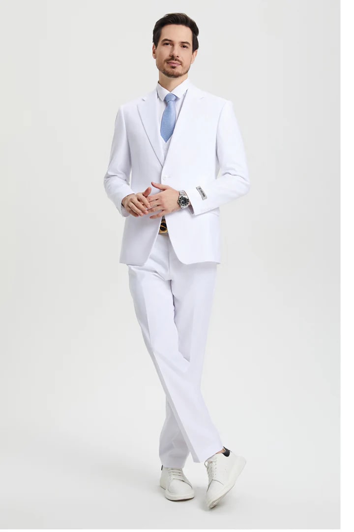 White Wedding Suit For Men - Perfect For Groom - Men's Two Button Vested Stacy Adams Basic Designer Suit In White 6   - from alligatorwarehouse.com