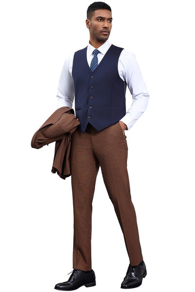 Men's Stacy Adams One Button Peak Lapel Vested Micro Check in Cognac Brown with a Navy Vest 4 SM183H1-04-38R  - from alligatorwarehouse.com