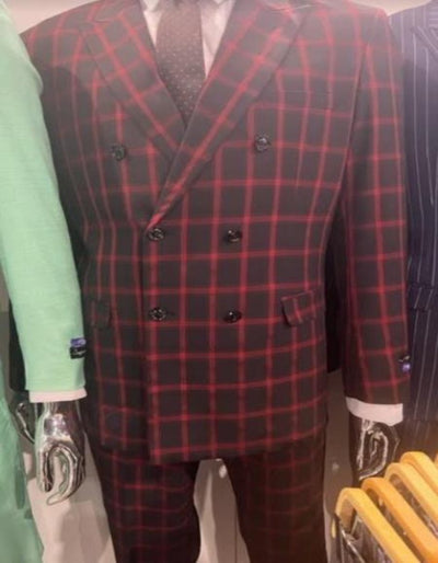 Plaid Suit - Double Breasted Black and Red Color - Gangster 1920s Suit - Windowpane Pattern 1   - from alligatorwarehouse.com