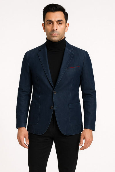 Mens Dark Blue Denim Casual Blazer with Notch Lapel and Single Button Closure 1   - from alligatorwarehouse.com