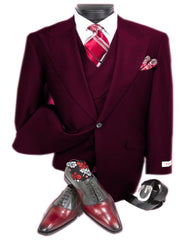 Dark Burgundy Two Flap Front Pockets Double Breasted 100% Percent Fabric Slanted Vest - 100% Percent Wool Fabric Suit - Worsted Wool Business Suit