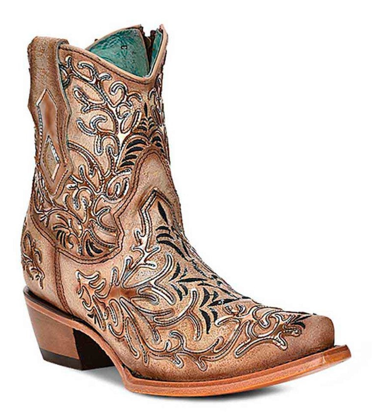 Corral Tan Ankle Booties with Dark Embroidery and Mirrored Overlay and Toe Design