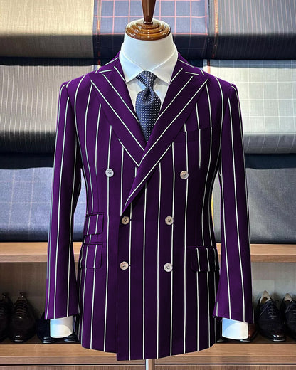 Men’s Dark Purple Pinstripe Double Breasted 1920s Gangster Suit, Vintage Formal Dress Suit