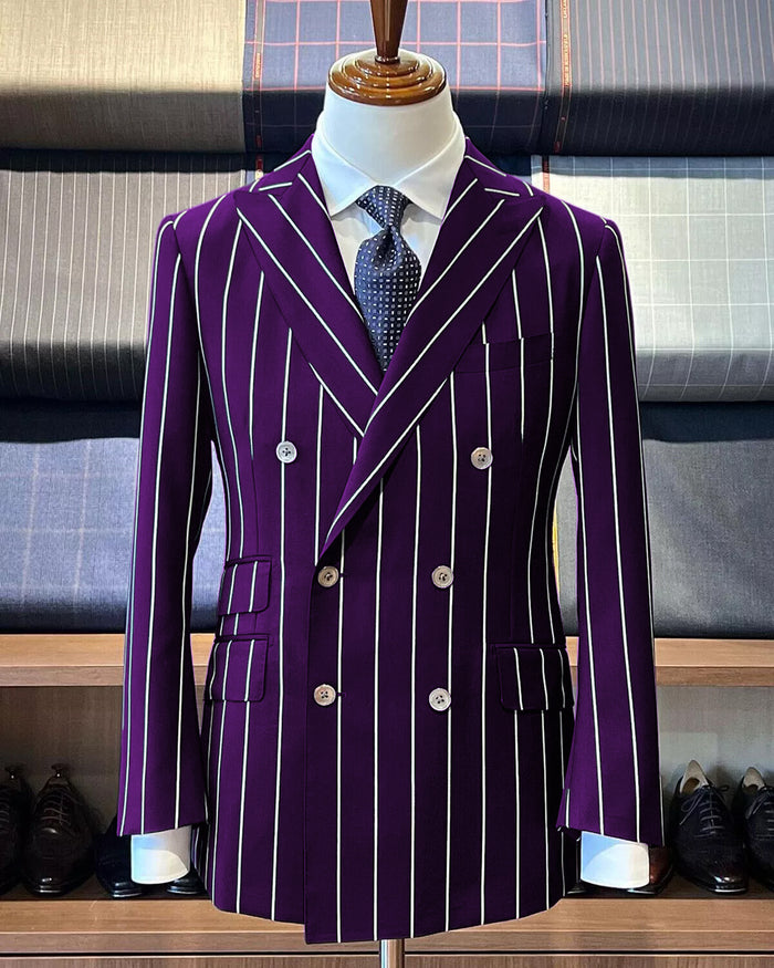 Men’s Dark Purple Pinstripe Double Breasted 1920s Gangster Suit, Vintage Formal Dress Suit