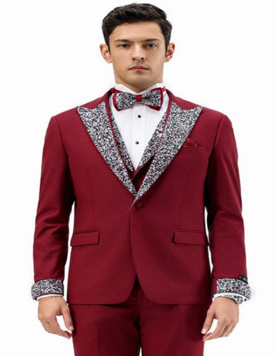 Dark Red - Maroon Wine Prom Tuxedo - Perfect Wedding Suit Vested rhinestone Lapelled 1   - from alligatorwarehouse.com