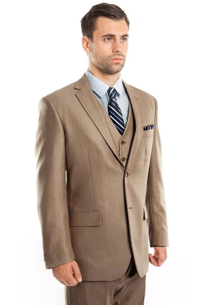 Men's Two Button Vested Textured Sharkskin Business Suit in Dark Tan 1 I0-5617  - from alligatorwarehouse.com