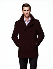 Men's Designer Wool Peacoat Sale Fabric Double Breasted Style Coat Dark Brown