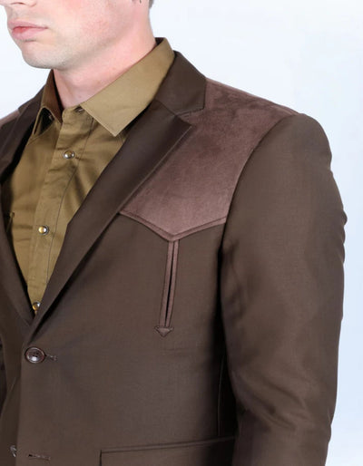 Men's Dark Brown Western Suit Sport Coat with Suede Yokes and Elbow Patches 5   - from alligatorwarehouse.com