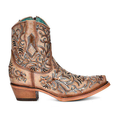 Corral Tan Ankle Booties with Dark Embroidery and Mirrored Overlay 1   - from alligatorwarehouse.com