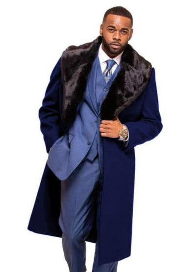 Dark Navy Blue Overcoat ~ Long men's Dress Topcoat - Winter coat With Fur Collar And Wool Fabric 8   - from alligatorwarehouse.com