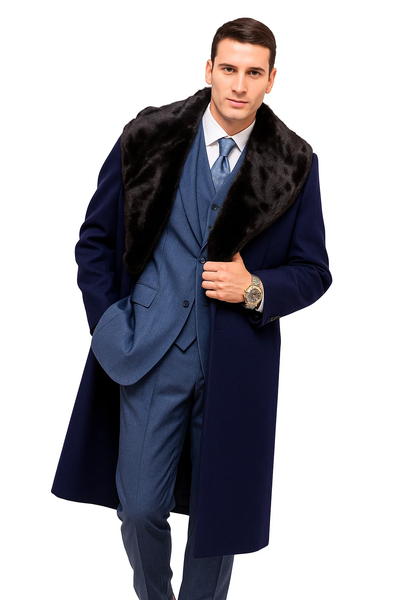 Dark Navy Blue Overcoat ~ Long men's Dress Topcoat - Winter coat With Fur Collar And Wool Fabric 1   - from alligatorwarehouse.com