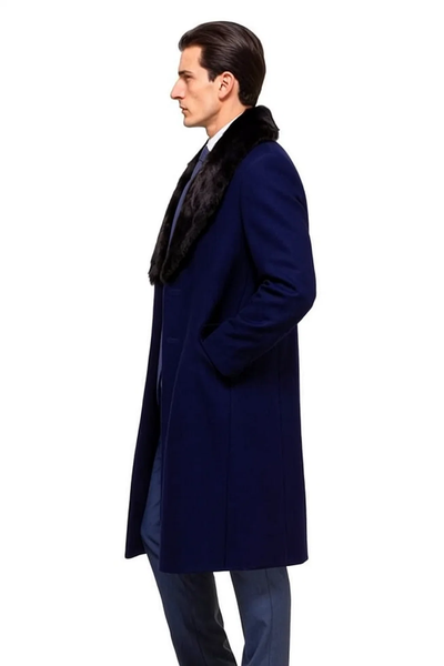 Dark Navy Blue Overcoat ~ Long men's Dress Topcoat - Winter coat With Fur Collar And Wool Fabric 5   - from alligatorwarehouse.com