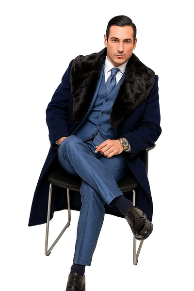 Dark Navy Blue Overcoat ~ Long men's Dress Topcoat - Winter coat With Fur Collar And Wool Fabric 7   - from alligatorwarehouse.com