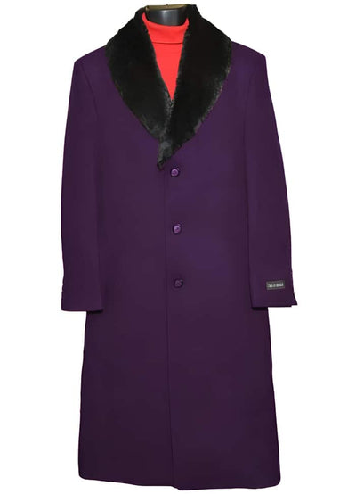 Men's (Removable) Dress Coat Fur Collar Dark Purple 3 Button Overcoat ~ Long Men's Dress Topcoat - Winter Coat Fabric Also - Three Quarter 34 Inch Length 1   - from alligatorwarehouse.com