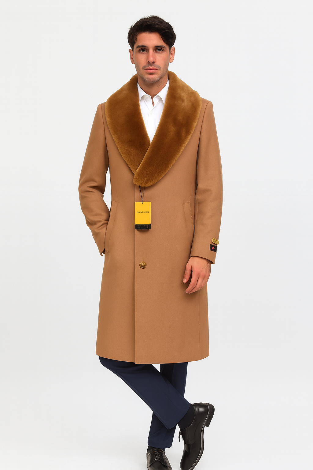 Mens Full Length And Cashmere Overcoat - Winter Topcoats - Light Brown Coat - Dark Camel - Vecuna Color