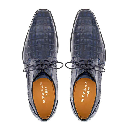 Golfo Derby Blue Plain Toe Crocodile Shoes  By Mezlan Made In Spain Brand