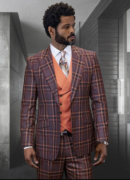 Statement Confidence Designer Suit - Copper - Orange - Super 150's Wool Suit 1 Button Peak Lapel Double Breasted Vest Rust Color  Perfect Fro Church