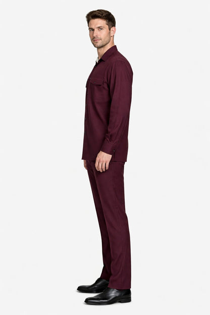 Mens Luxury Burgundy Wool Two-Piece Leisure Walking Suit